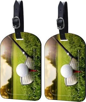 2 Pack Luggage Tags Golf Club and Ball PU Leather Baggage Handbag Suitcase Tags with Secure Strap Privacy Cover ID Labels,Business Travel Baggage Tag Identifier