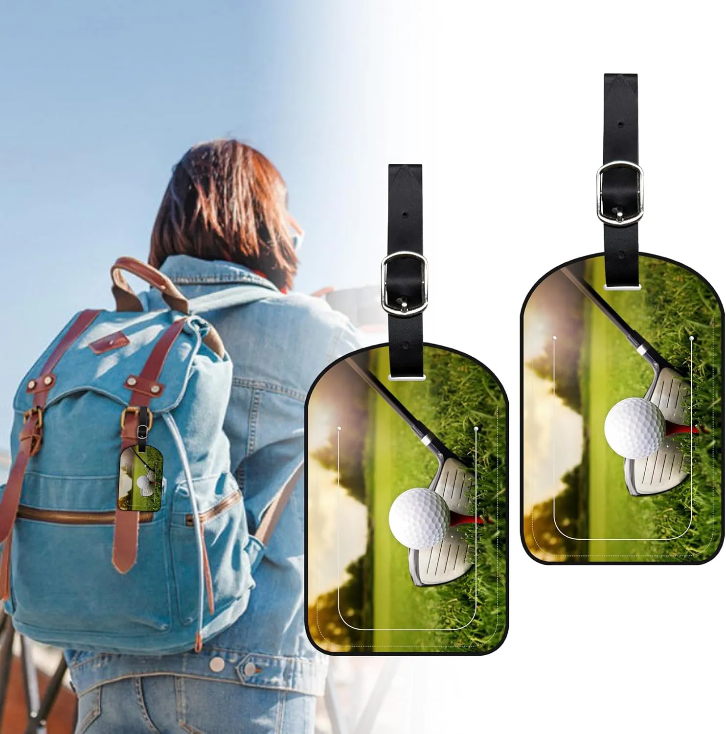 2 Pack Luggage Tags Golf Club and Ball PU Leather Baggage Handbag Suitcase Tags with Secure Strap Privacy Cover ID Labels,Business Travel Baggage Tag Identifier