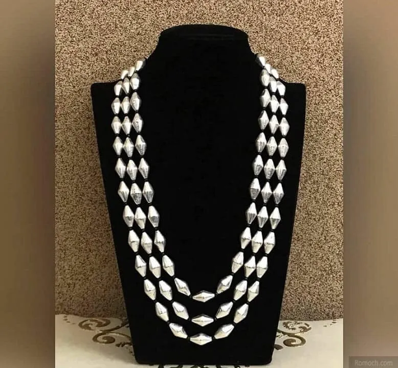 3 Layer Silver Dholki Necklace with Black Adjustable Strap