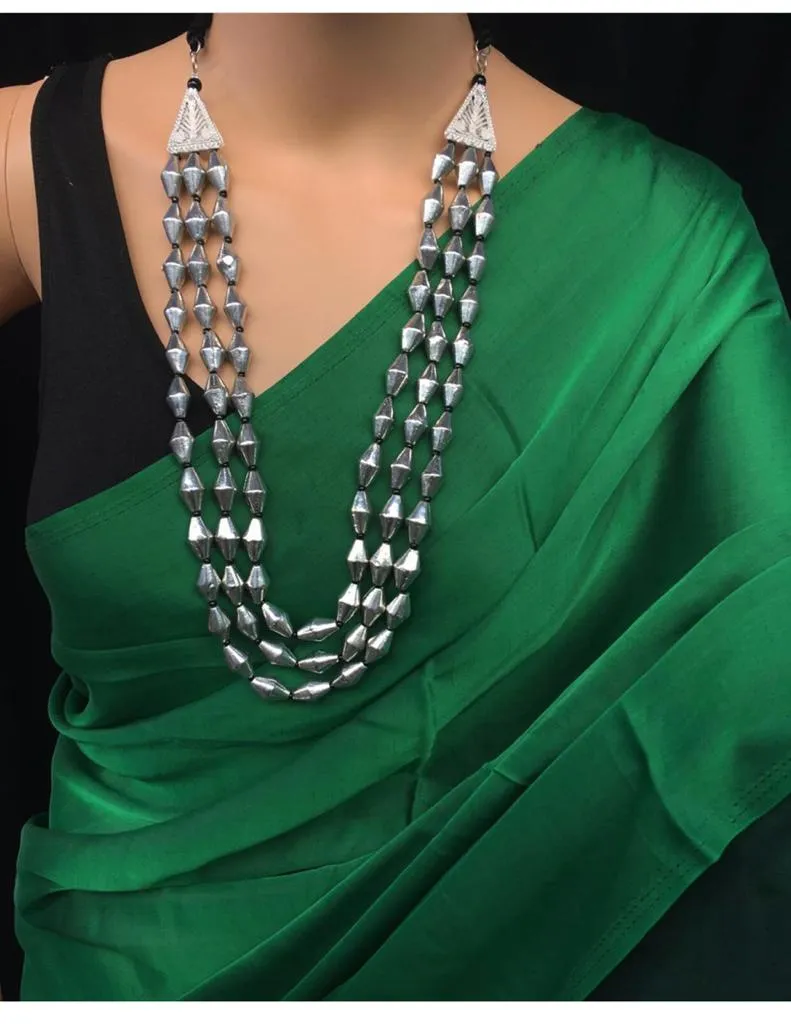 3 Layer Silver Dholki Necklace with Black Adjustable Strap