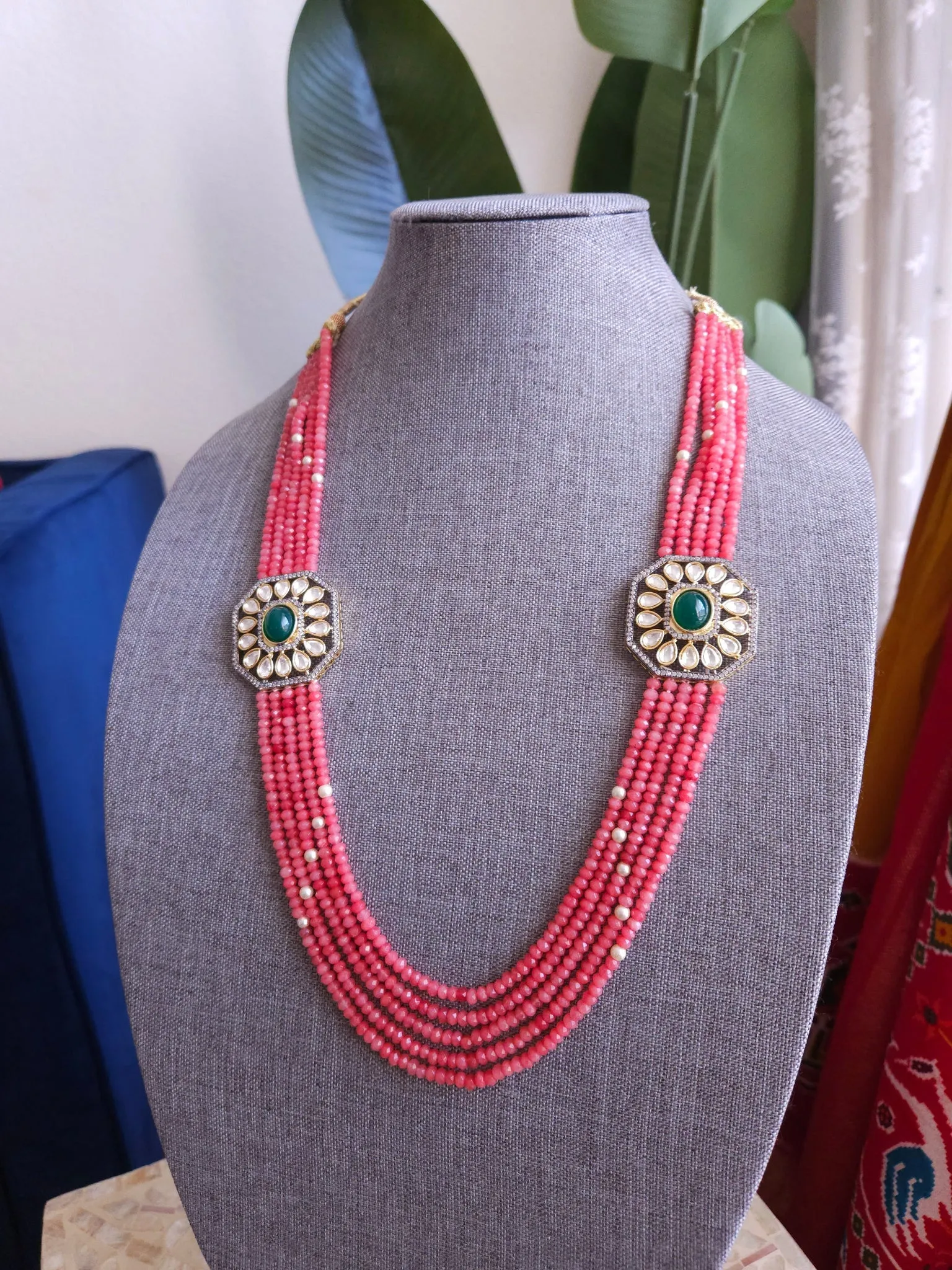 5 Layer Coral Pink Peach Garnet Kundan Necklace
