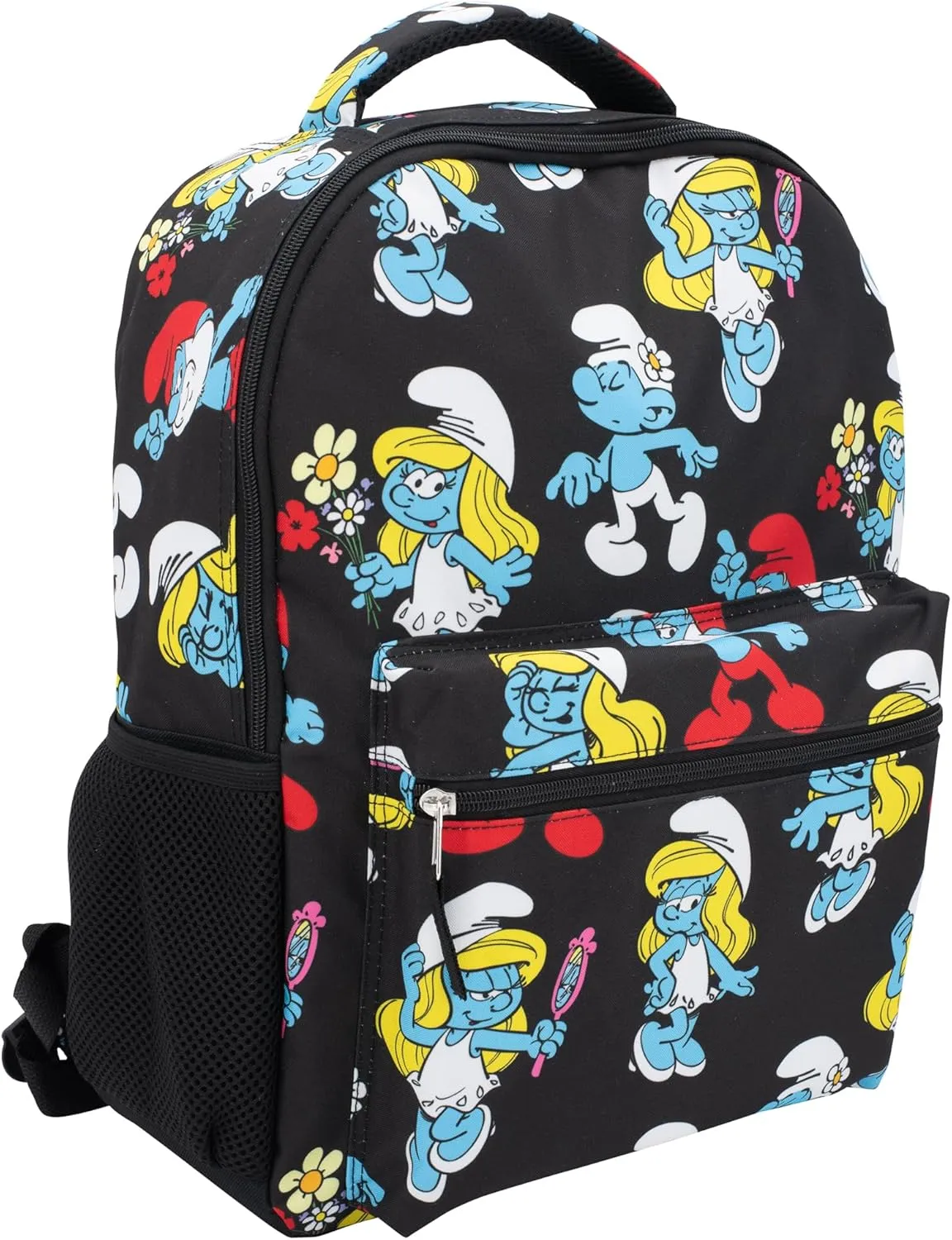 AI ACCESSORY INNOVATIONS Smurfs 16 Backpack with Front Pocket for Girls, 16 School Bag with Front Pocket, Allover Print Bookbag Featuring Smurfette & Grandpa Smurf, Black