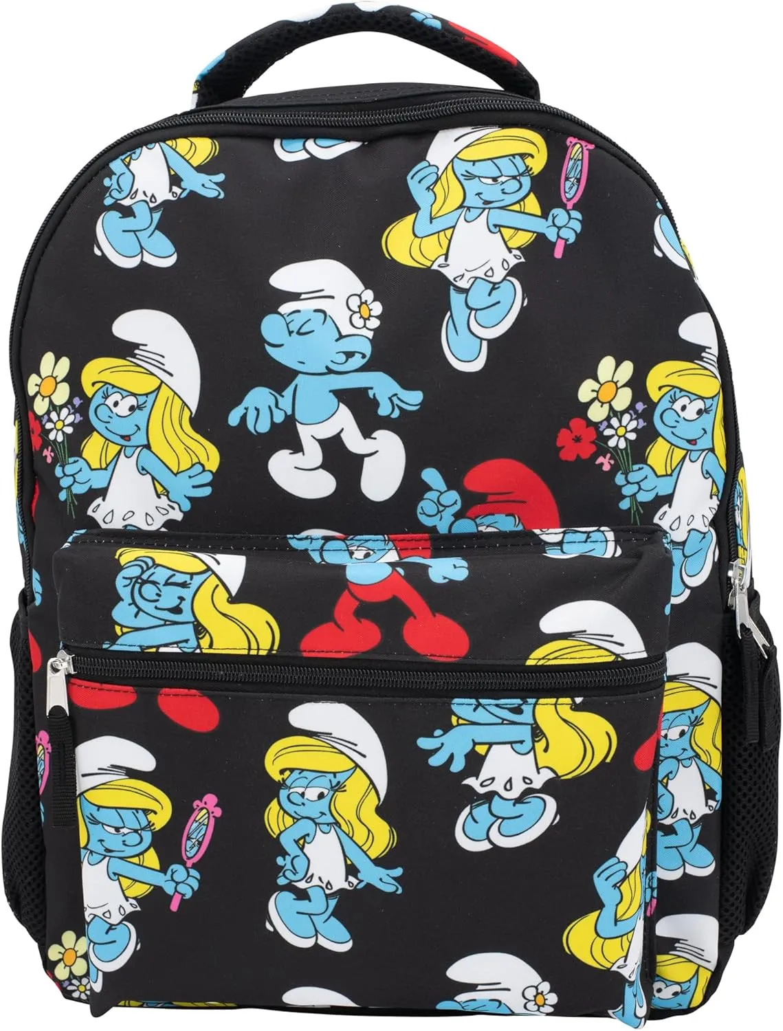 AI ACCESSORY INNOVATIONS Smurfs 16 Backpack with Front Pocket for Girls, 16 School Bag with Front Pocket, Allover Print Bookbag Featuring Smurfette & Grandpa Smurf, Black