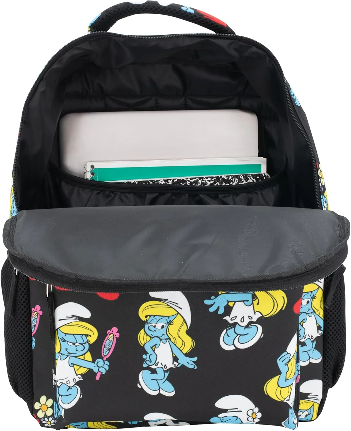 AI ACCESSORY INNOVATIONS Smurfs 16 Backpack with Front Pocket for Girls, 16 School Bag with Front Pocket, Allover Print Bookbag Featuring Smurfette & Grandpa Smurf, Black