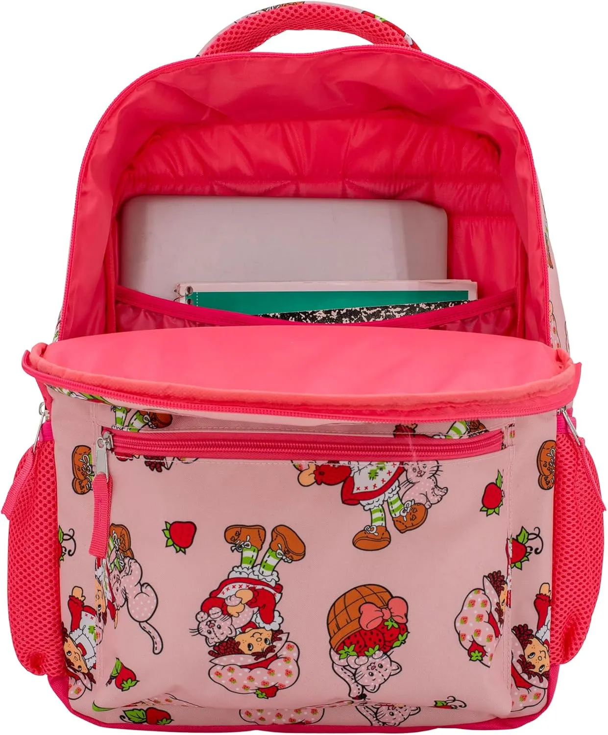 AI ACCESSORY INNOVATIONS Strawberry Shortcake 16 Backpack With Front Pocket for Girls, Allover Print Bookbag featuring Strawberry & Custard, Pink