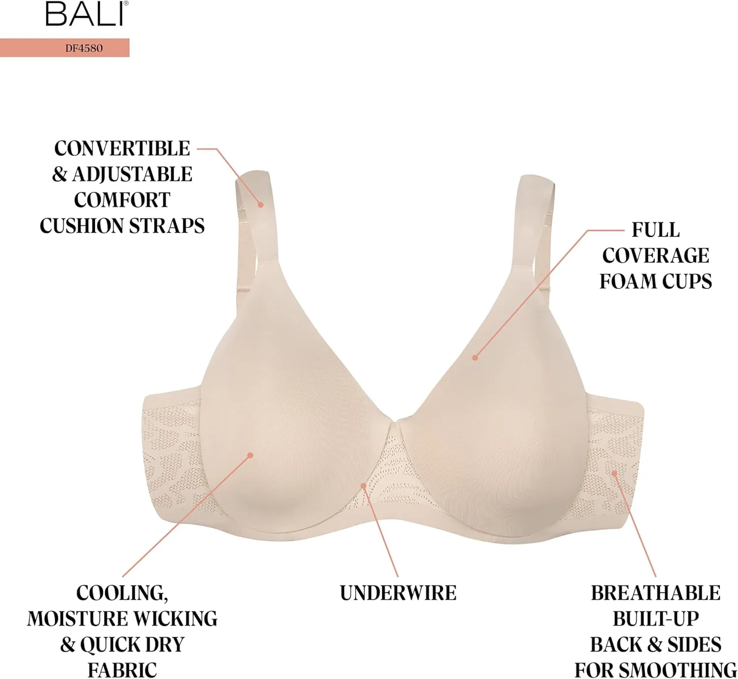 Bali Women's T-Shirt, Coolest Smoothing Underwire, Convertible Bra