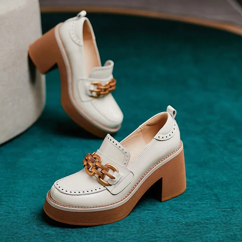 British Style Chunky High Heel Vegan Leather with Metal Chain Shoes
