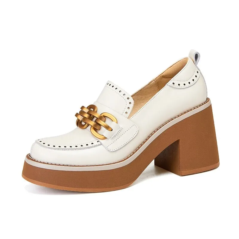 British Style Chunky High Heel Vegan Leather with Metal Chain Shoes