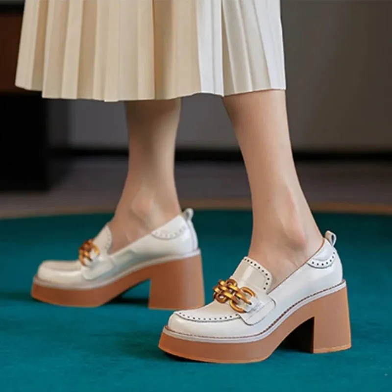 British Style Chunky High Heel Vegan Leather with Metal Chain Shoes