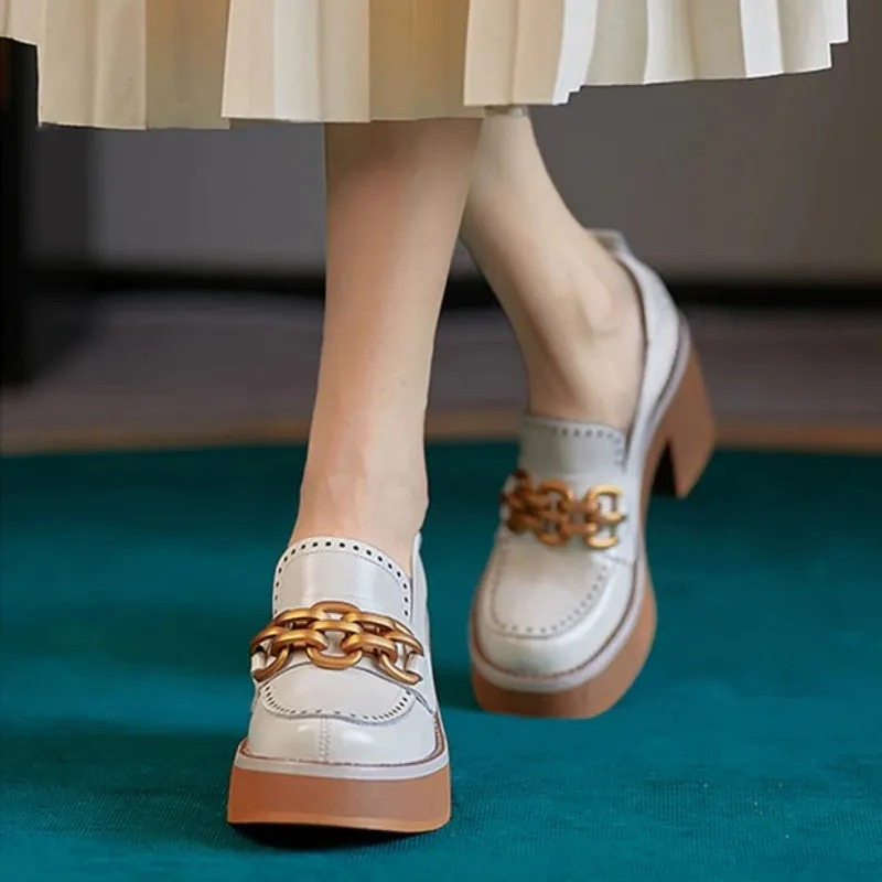 British Style Chunky High Heel Vegan Leather with Metal Chain Shoes