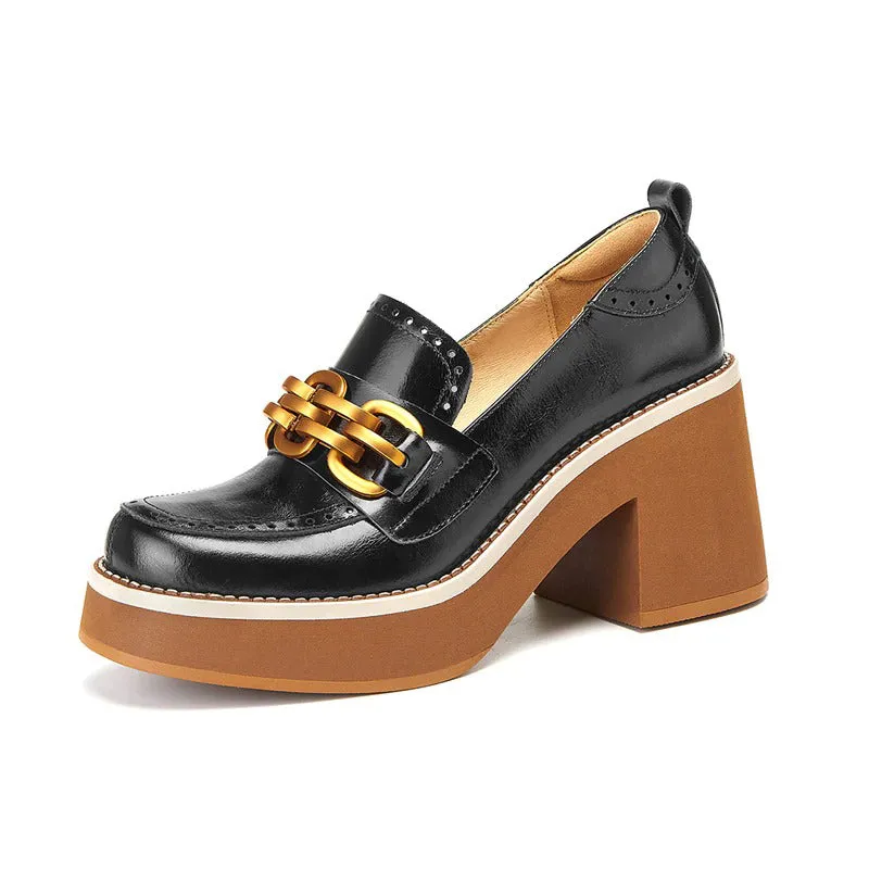 British Style Chunky High Heel Vegan Leather with Metal Chain Shoes