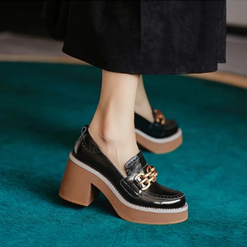 British Style Chunky High Heel Vegan Leather with Metal Chain Shoes