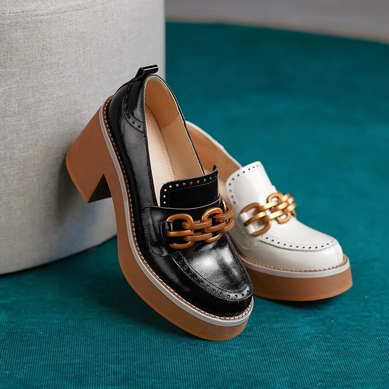British Style Chunky High Heel Vegan Leather with Metal Chain Shoes