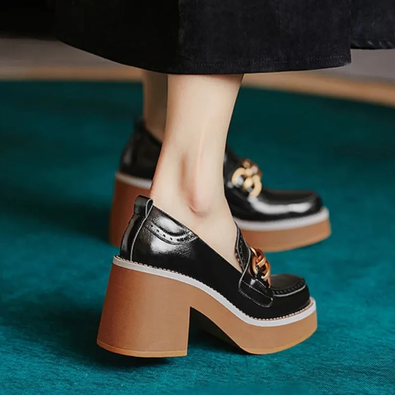 British Style Chunky High Heel Vegan Leather with Metal Chain Shoes