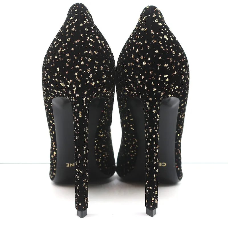 Celine Sharp Pumps Black/Gold Glitter Dots Velvet Size 41 Pointed Toe Heels NEW