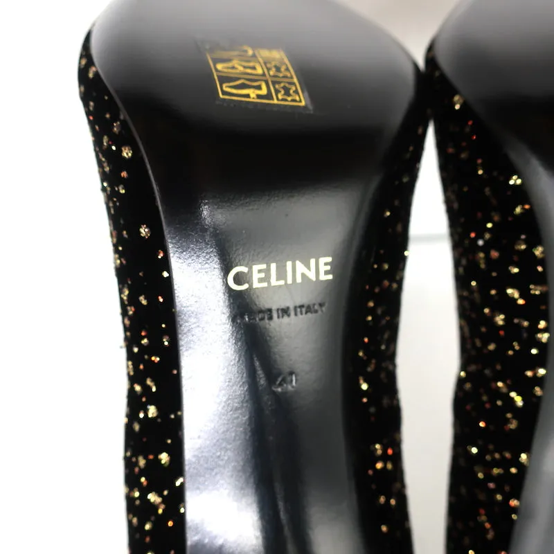 Celine Sharp Pumps Black/Gold Glitter Dots Velvet Size 41 Pointed Toe Heels NEW
