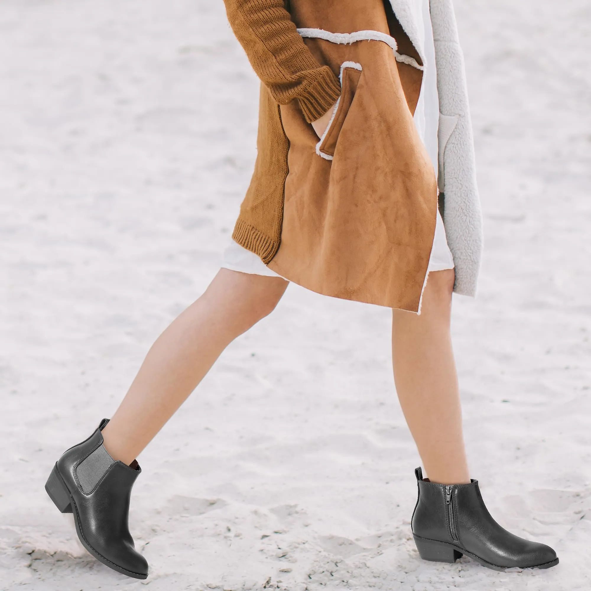 Chelsea Boots Women Fashion Ankle Booties Classic Low Heel Side Zip Shoes for Women Black Brown