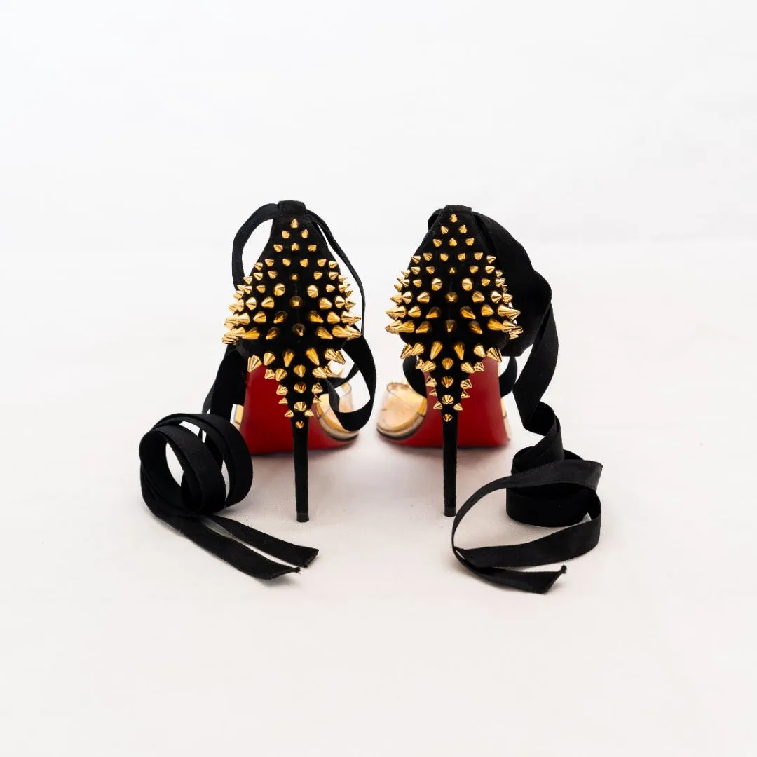 Christian Louboutin Black Suede and PVC Barbarissima Spike Wrap Sandals  37