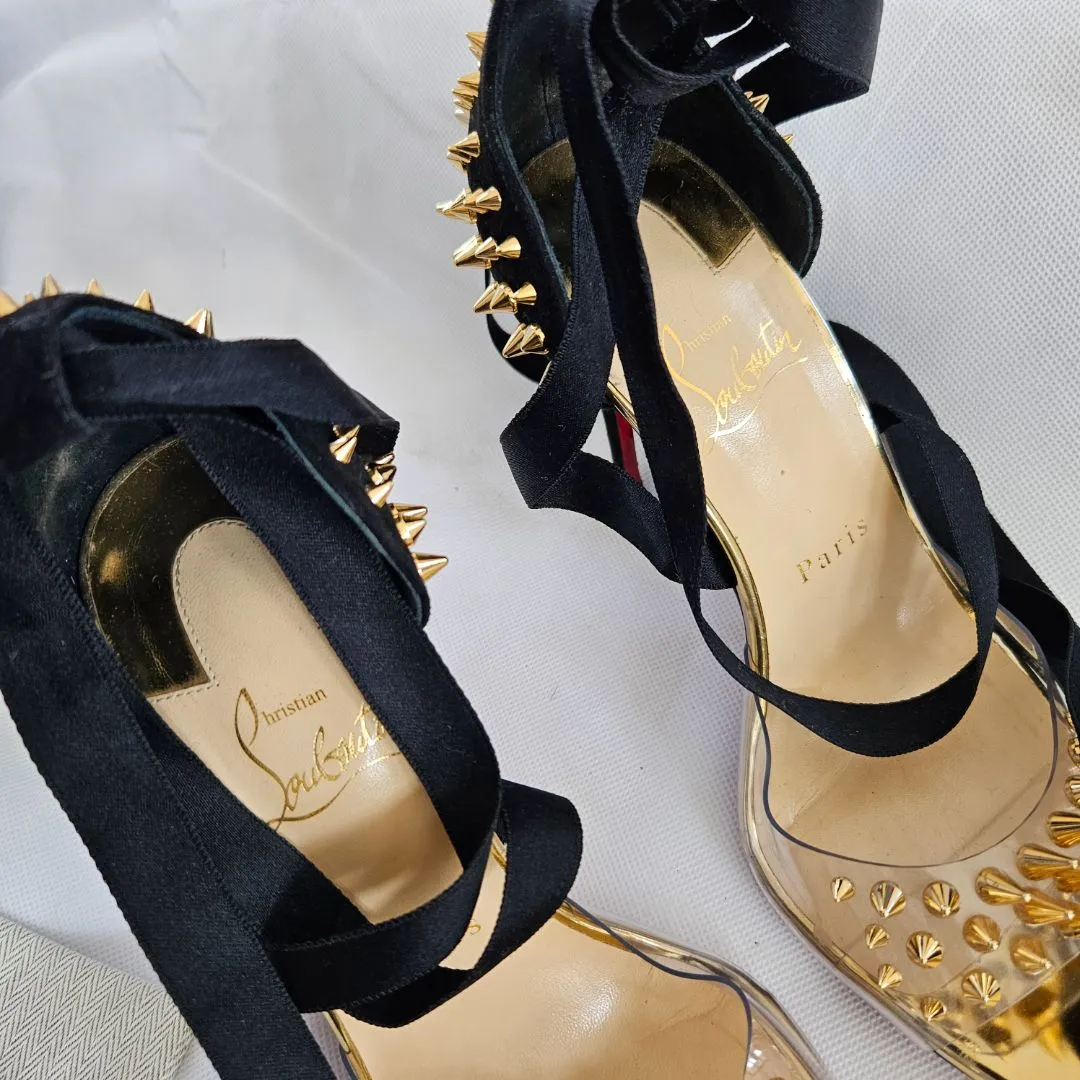 Christian Louboutin Black Suede and PVC Barbarissima Spike Wrap Sandals  37