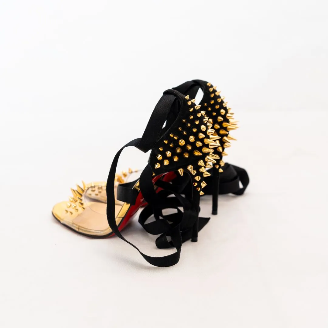 Christian Louboutin Black Suede and PVC Barbarissima Spike Wrap Sandals  37