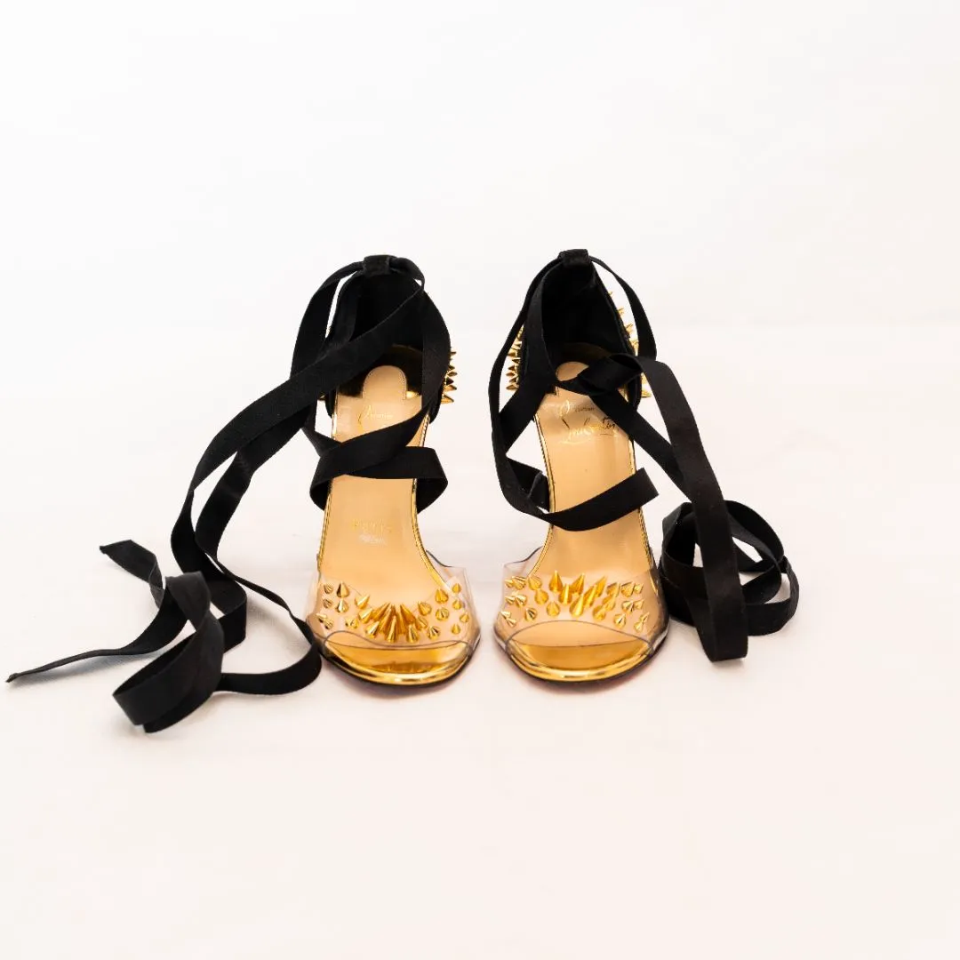 Christian Louboutin Black Suede and PVC Barbarissima Spike Wrap Sandals  37
