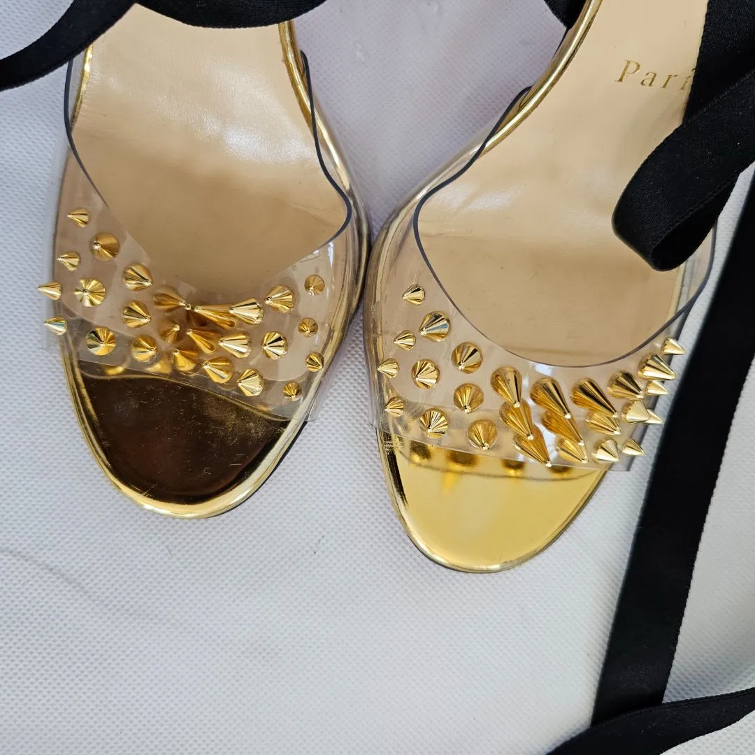 Christian Louboutin Black Suede and PVC Barbarissima Spike Wrap Sandals  37
