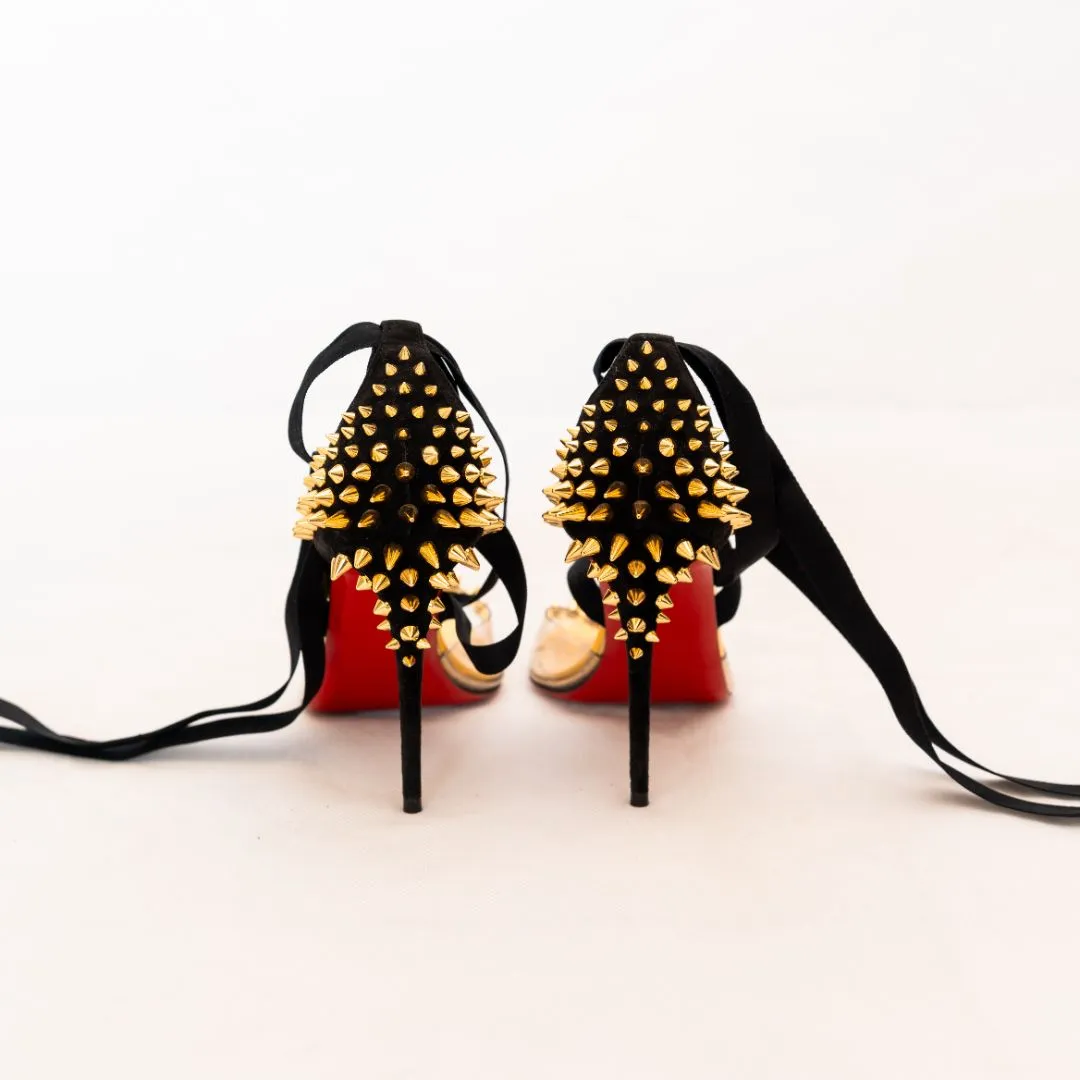 Christian Louboutin Black Suede and PVC Barbarissima Spike Wrap Sandals  37