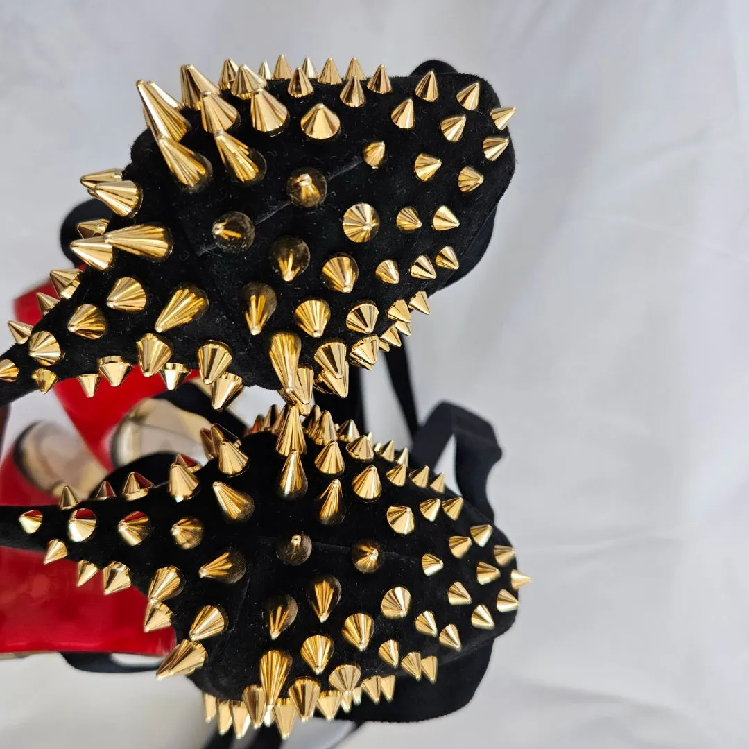 Christian Louboutin Black Suede and PVC Barbarissima Spike Wrap Sandals  37