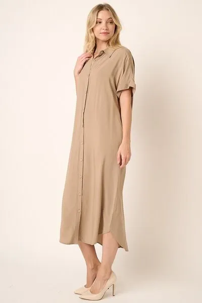 Collared Neck Dolman Short Sleeve Midi Shirt Dress