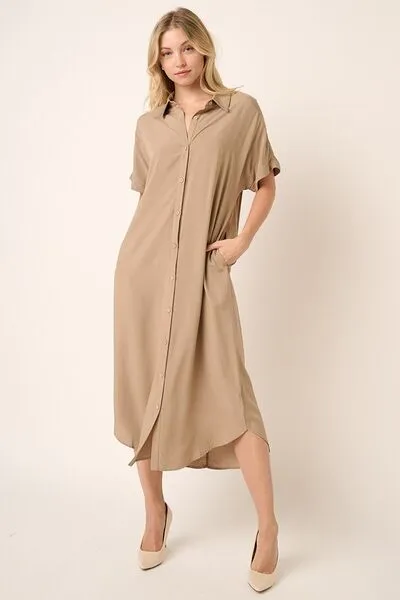Collared Neck Dolman Short Sleeve Midi Shirt Dress