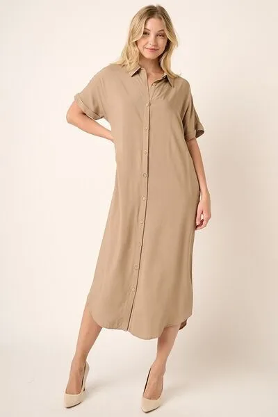 Collared Neck Dolman Short Sleeve Midi Shirt Dress