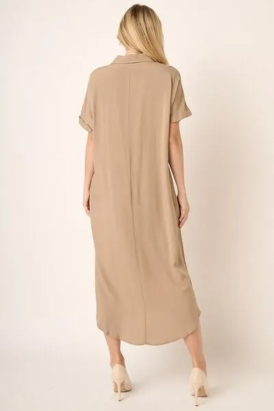 Collared Neck Dolman Short Sleeve Midi Shirt Dress