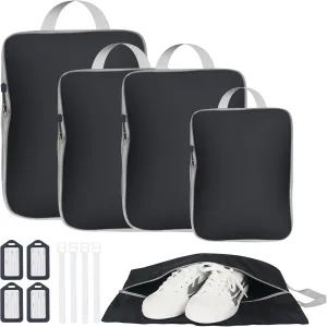 Compression Packing Cubes, Travel Organizer Cubes with Shoe Bag Expandable Storage Packing Organizers Bags Set with 4 Luggage Cards Travel Accessories5 pc Black