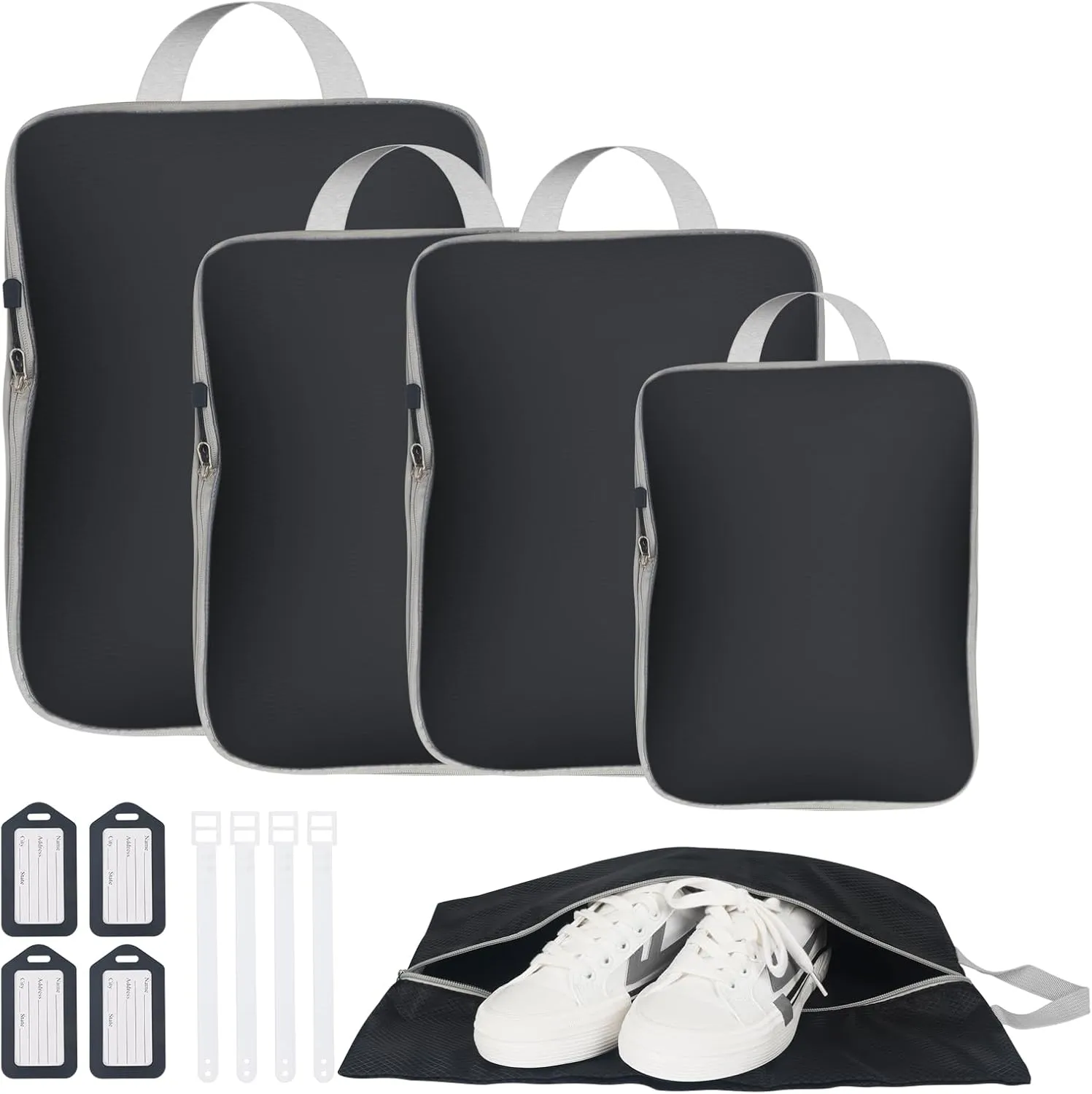 Compression Packing Cubes, Travel Organizer Cubes with Shoe Bag Expandable Storage Packing Organizers Bags Set with 4 Luggage Cards Travel Accessories5 pc Black