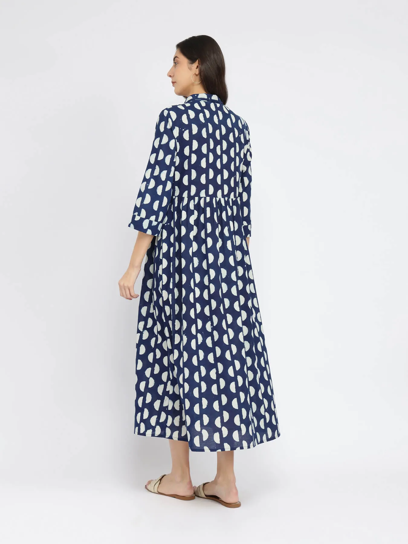 Cotton Dabu Half Polka Print Dress - Indigo