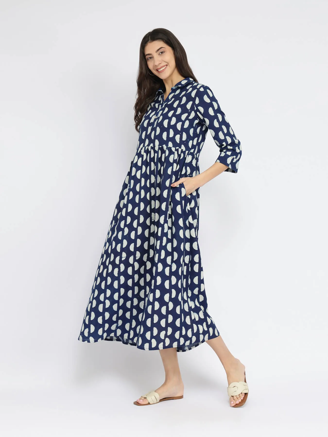 Cotton Dabu Half Polka Print Dress - Indigo