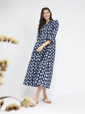 Cotton Dabu Half Polka Print Dress - Indigo