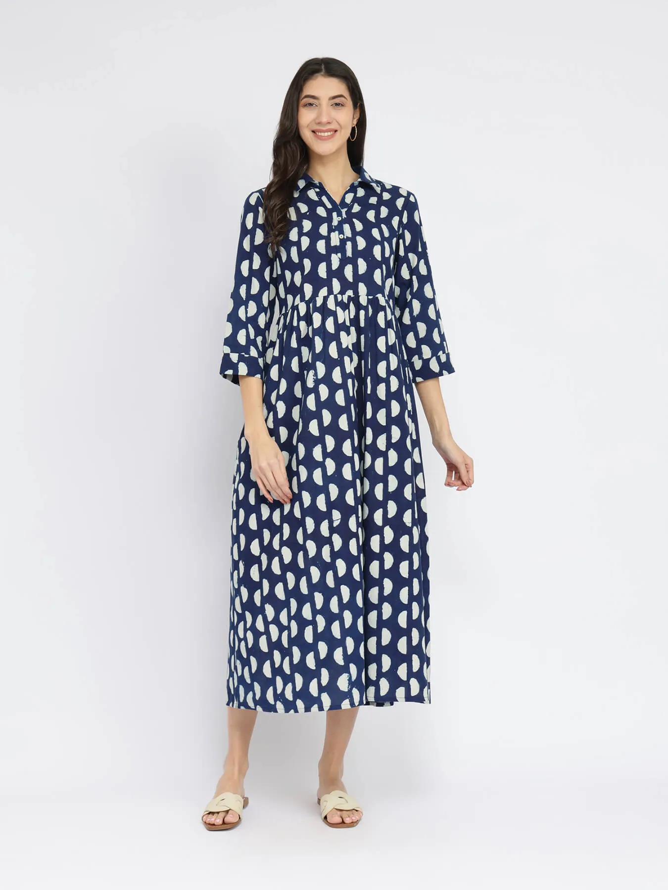 Cotton Dabu Half Polka Print Dress - Indigo