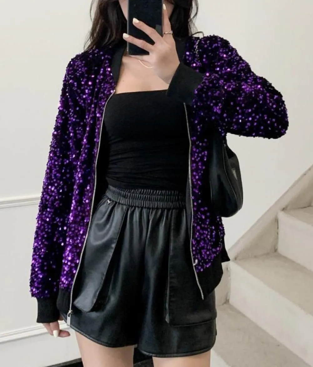 Cresay Women's Sequin Fitted Long Sleeve Zipper Blazer Bomber Jacket