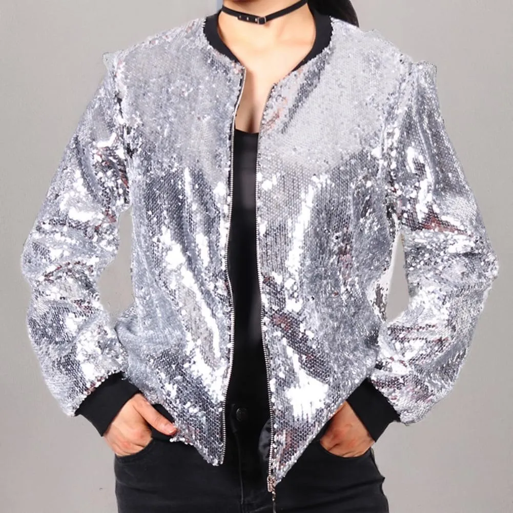 Cresay Women's Sequin Fitted Long Sleeve Zipper Blazer Bomber Jacket