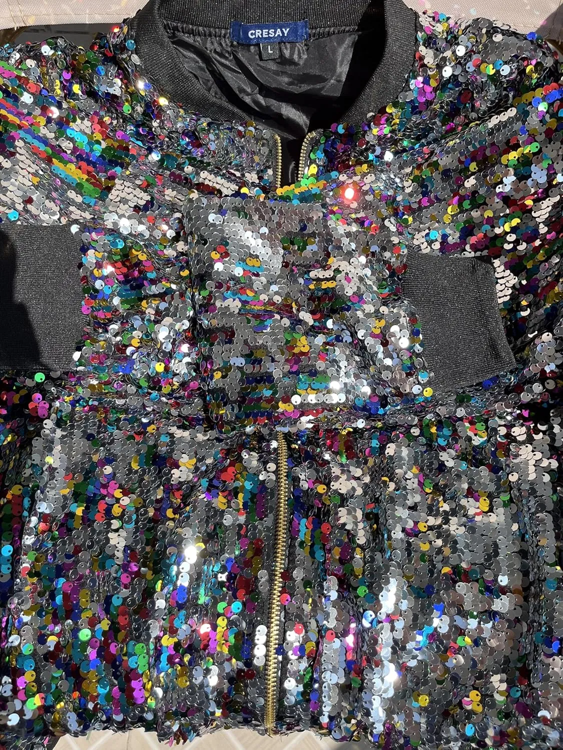 Cresay Women's Sequin Fitted Long Sleeve Zipper Blazer Bomber Jacket