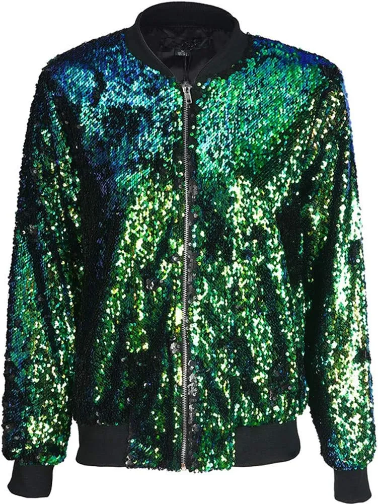 Cresay Women's Sequin Fitted Long Sleeve Zipper Blazer Bomber Jacket