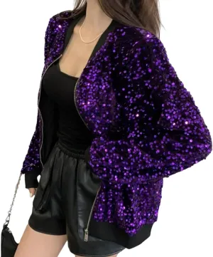 Cresay Women's Sequin Fitted Long Sleeve Zipper Blazer Bomber Jacket