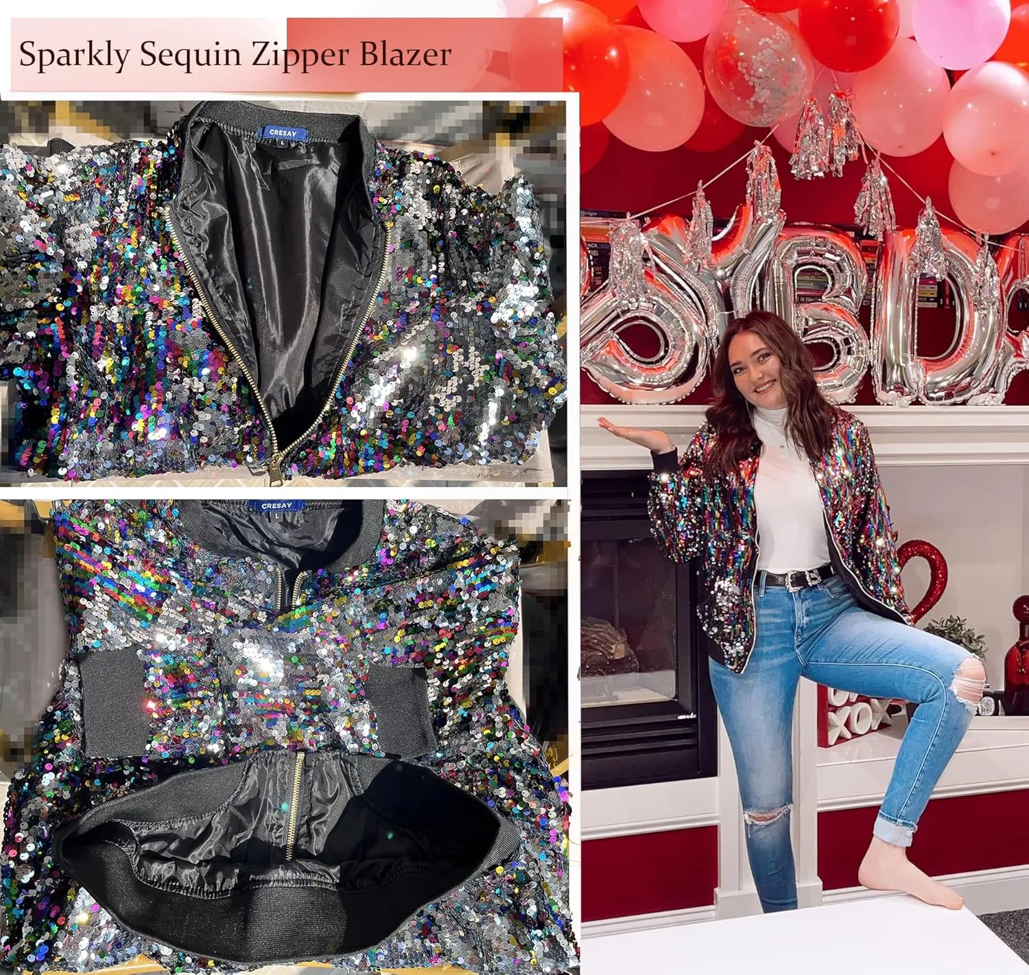 Cresay Women's Sequin Fitted Long Sleeve Zipper Blazer Bomber Jacket