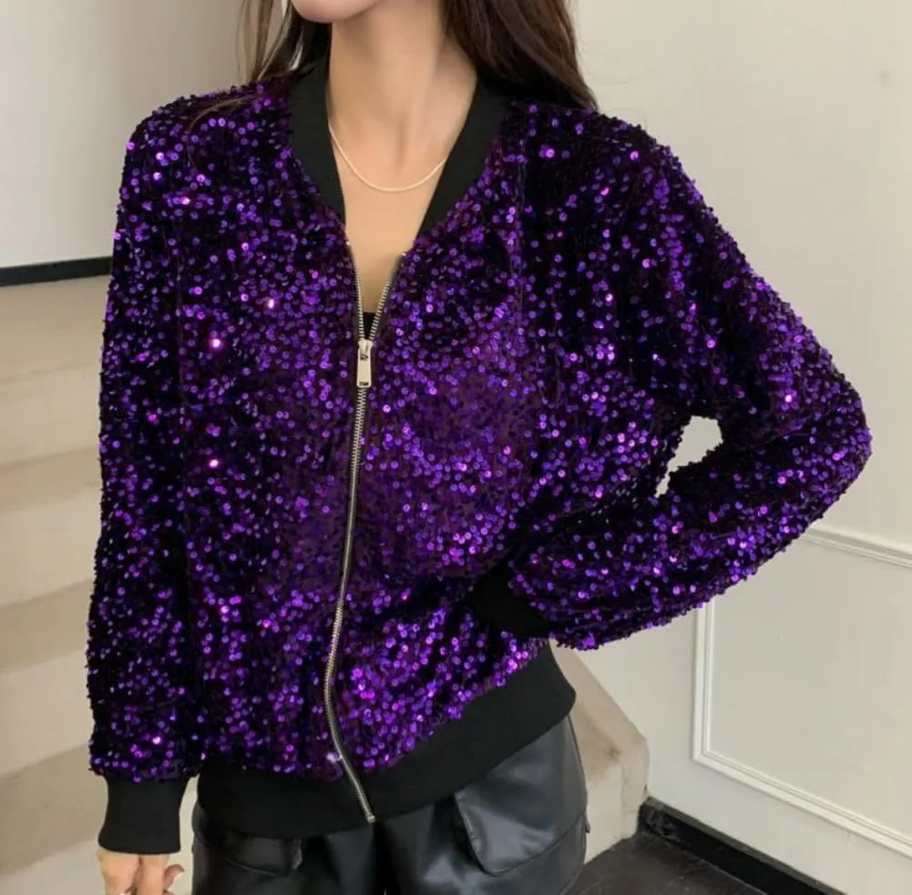 Cresay Women's Sequin Fitted Long Sleeve Zipper Blazer Bomber Jacket