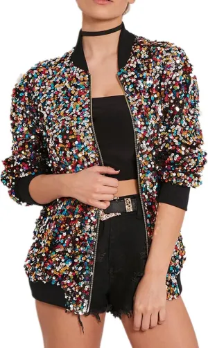Cresay Women's Sequin Fitted Long Sleeve Zipper Blazer Bomber Jacket