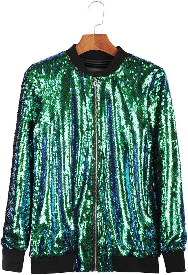 Cresay Women's Sequin Fitted Long Sleeve Zipper Blazer Bomber Jacket