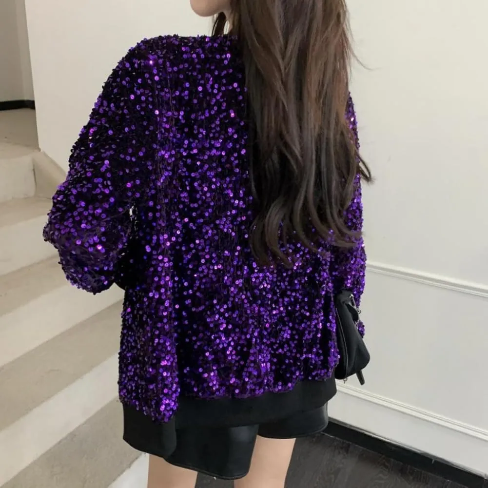 Cresay Women's Sequin Fitted Long Sleeve Zipper Blazer Bomber Jacket