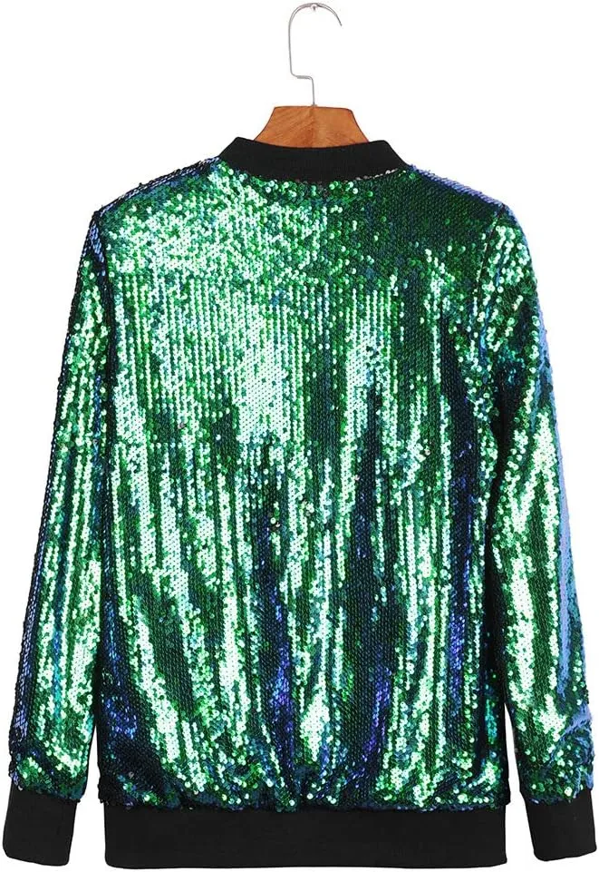 Cresay Women's Sequin Fitted Long Sleeve Zipper Blazer Bomber Jacket