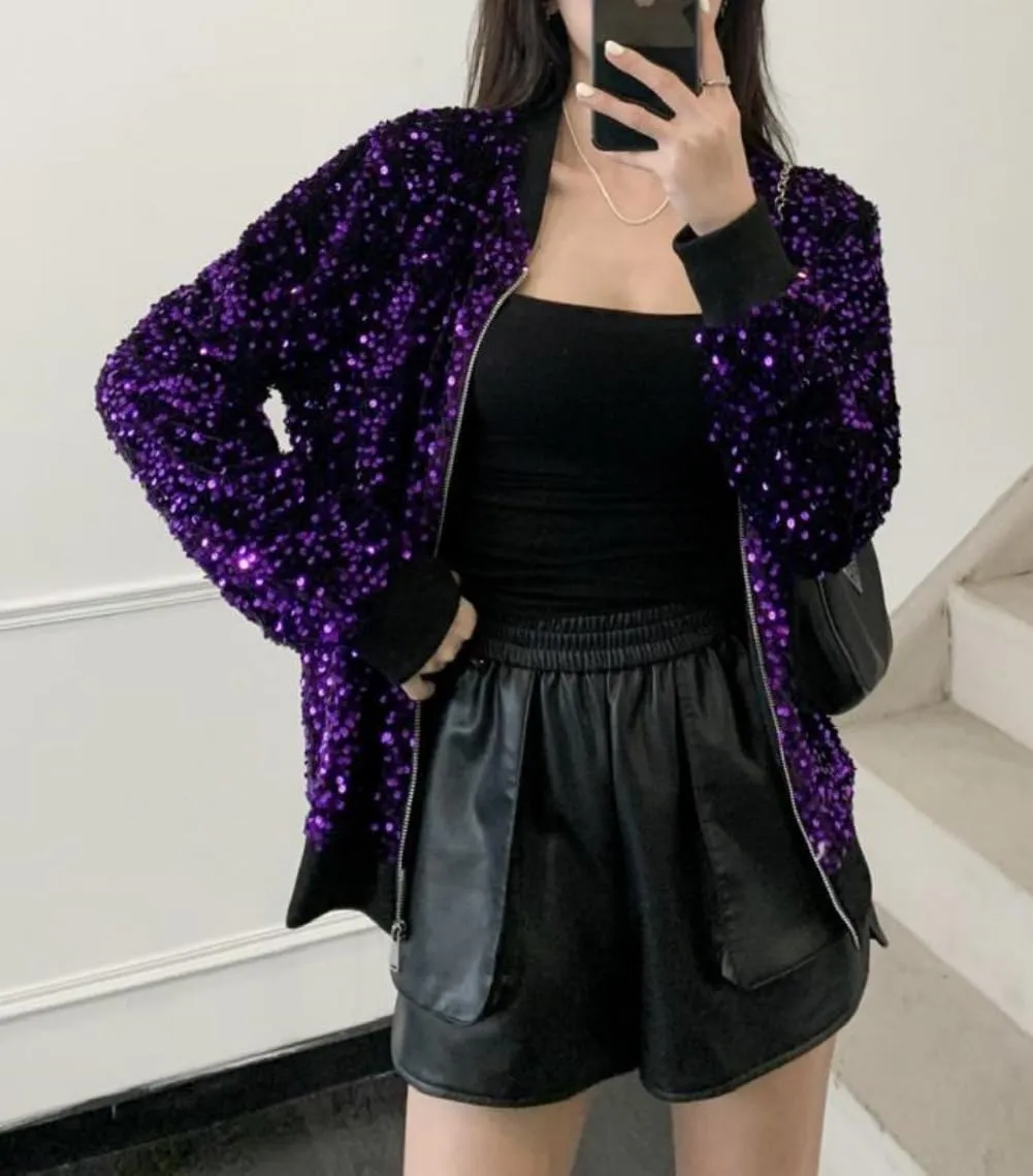 Cresay Women's Sequin Fitted Long Sleeve Zipper Blazer Bomber Jacket